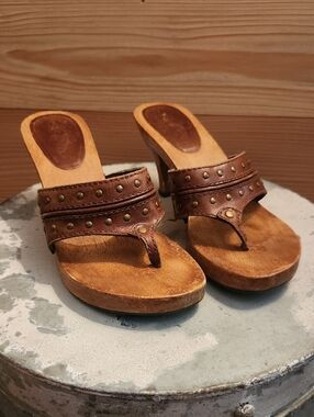 MIA Brown Leather Studded Wooden Mules
